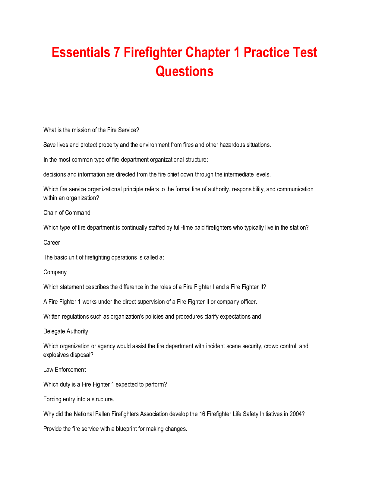 Essentials 7 Firefighter Chapter 1 Practice Test Questions - Browsegrades